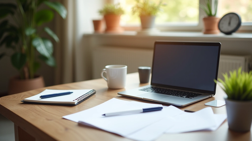 Scrivania pulita e organizzata con laptop, notebook e strumenti di pianificazione, illuminazione naturale