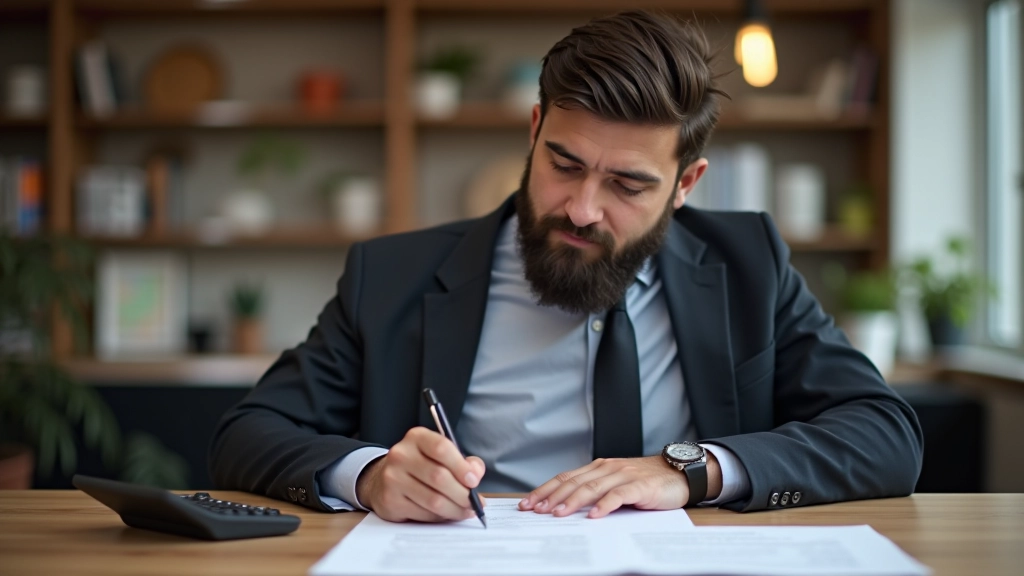 Designer che guarda foglio di tariffe e listini prezzi con calcolatrice su scrivania moderna