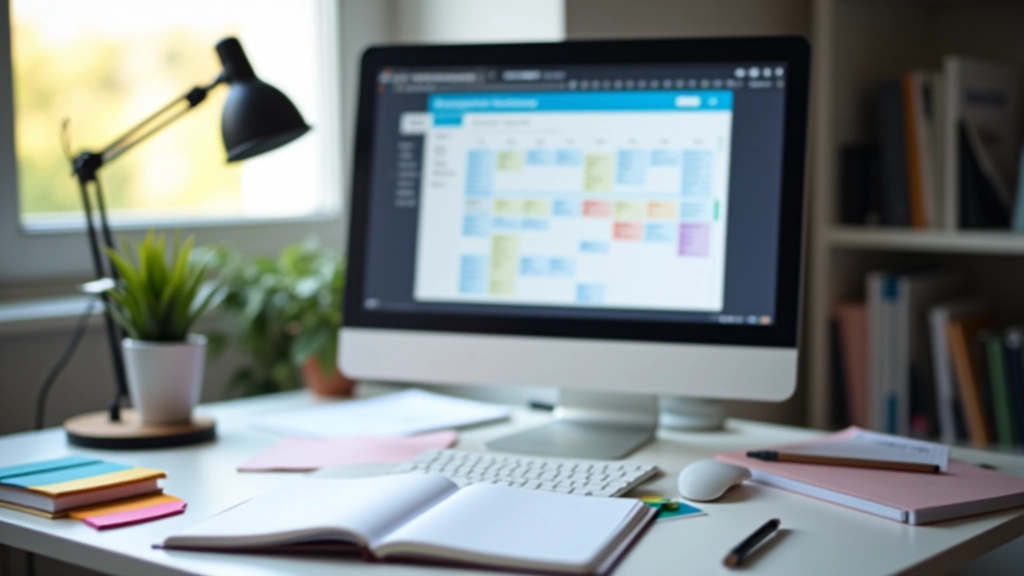 Monitor che mostra un calendario di progetto con sticky note colorate sulla scrivania del freelancer