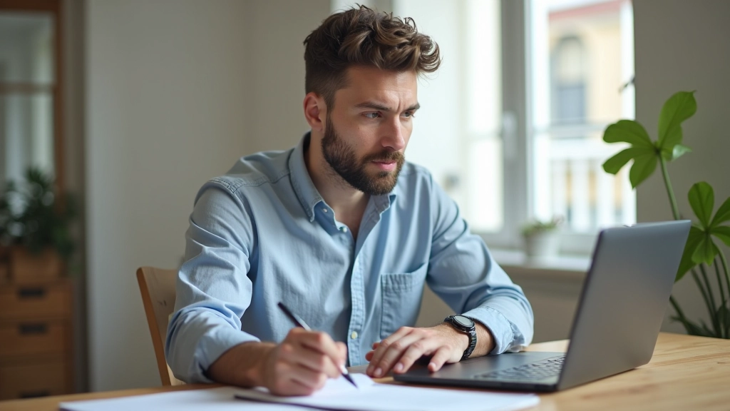 Freelancer seduto al desk con laptop aperto, notebook e penna, mentre prende note su una strategia di contatto