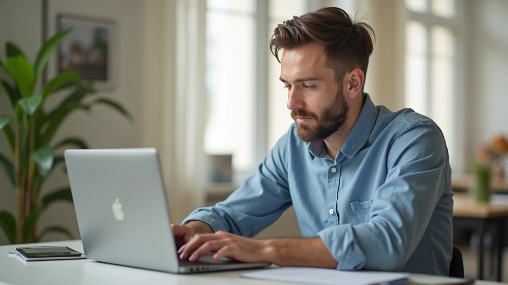 Designer che lavora al computer, ambiente di lavoro freelance, schermi e tavolo ordinato
