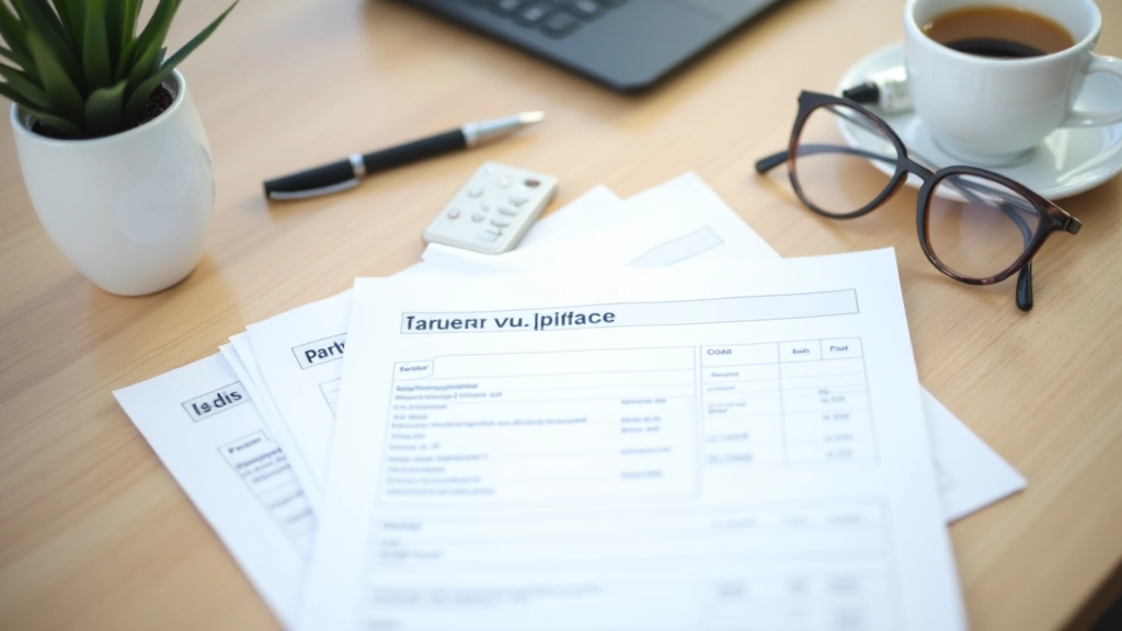 Scrivania con documenti Partita IVA, calcolatrice e penna su sfondo grigio neutro