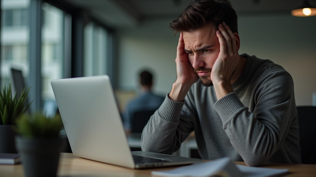 Persona che guarda con confusione a uno schermo di computer con errore o problema di connessione, mani nei capelli