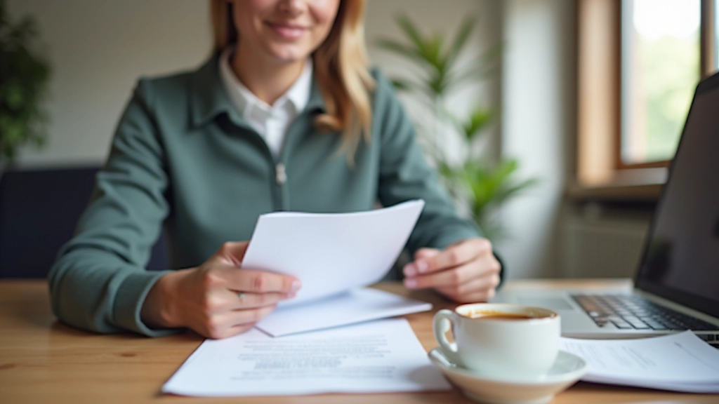 Persona che legge documentazione con caffè alla scrivania, ambiente ufficio moderno, illuminazione naturale, fuoco nitido