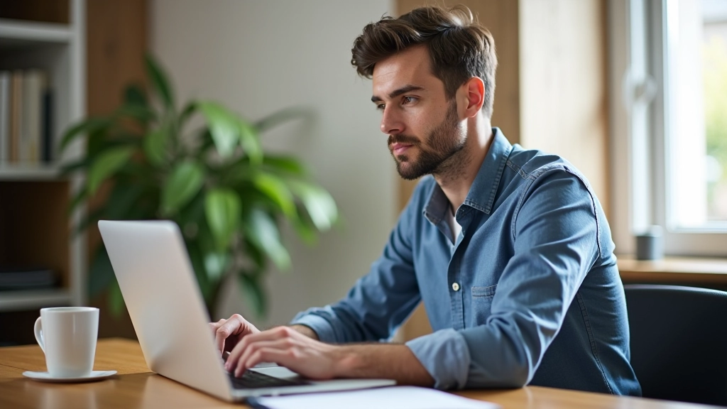 Designer che lavora al computer portatile su un tavolo di legno con taccuino e caffè