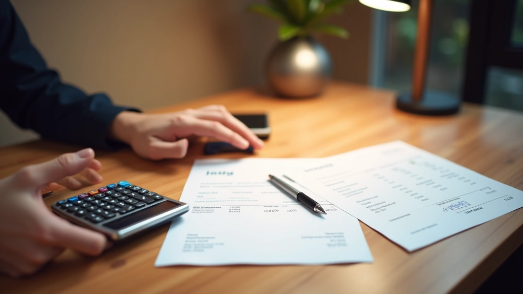 Calcolatrice e documenti con numeri e preventivi su un tavolo di legno con penna e occhiali professionali